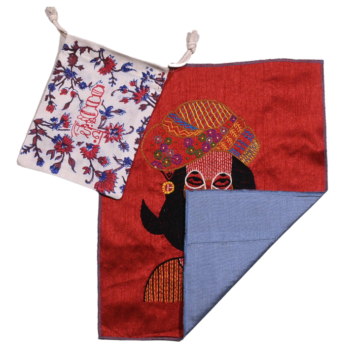 Indha Royal Rajasthani Man Embroidery – Handcrafted Panel on Dupion Silk | DIY Wall Hanging or Cushion cover | Block Printed Packing