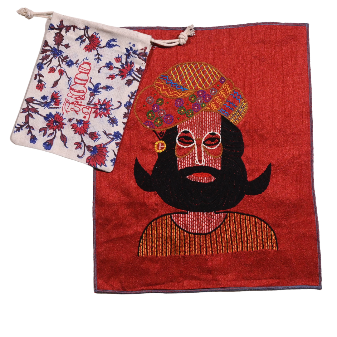 Indha Royal Rajasthani Man Embroidery – Handcrafted Panel on Dupion Silk | DIY Wall Hanging or Cushion cover | Block Printed Packing