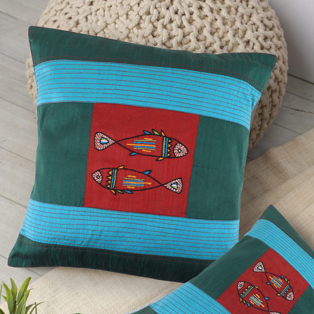 Indha Hand Embroidered Cushion Cover Fishes-Embroidery | Dupion Silk Cushion Cover |  Corporate Gifting | Home Furnishing | Home Improvement | Home Decor | Set of 2,16x16 Inches Cushion Cover