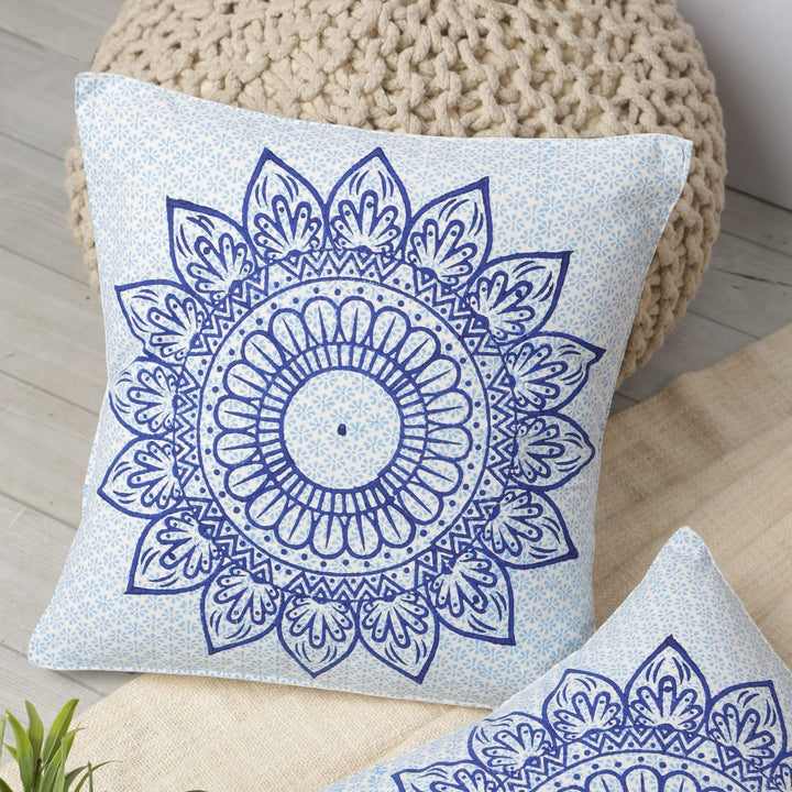 Indha Hand Block Printed Cushion Cover Flower Print | 16X16 inches Decorative Cushion Covers (Set of 2)