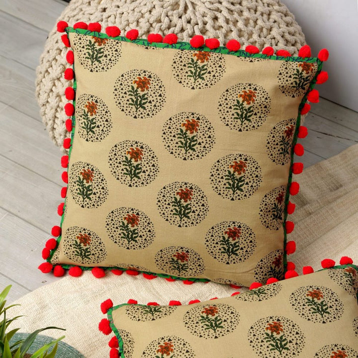 Indha Hand Block-Printed Cushion Cover Flower-Print | 16X16 Cushion Cover Set of 2 | Cotton Cushion Cover | Home Furnishing | Home Decor | Corporate Gifting