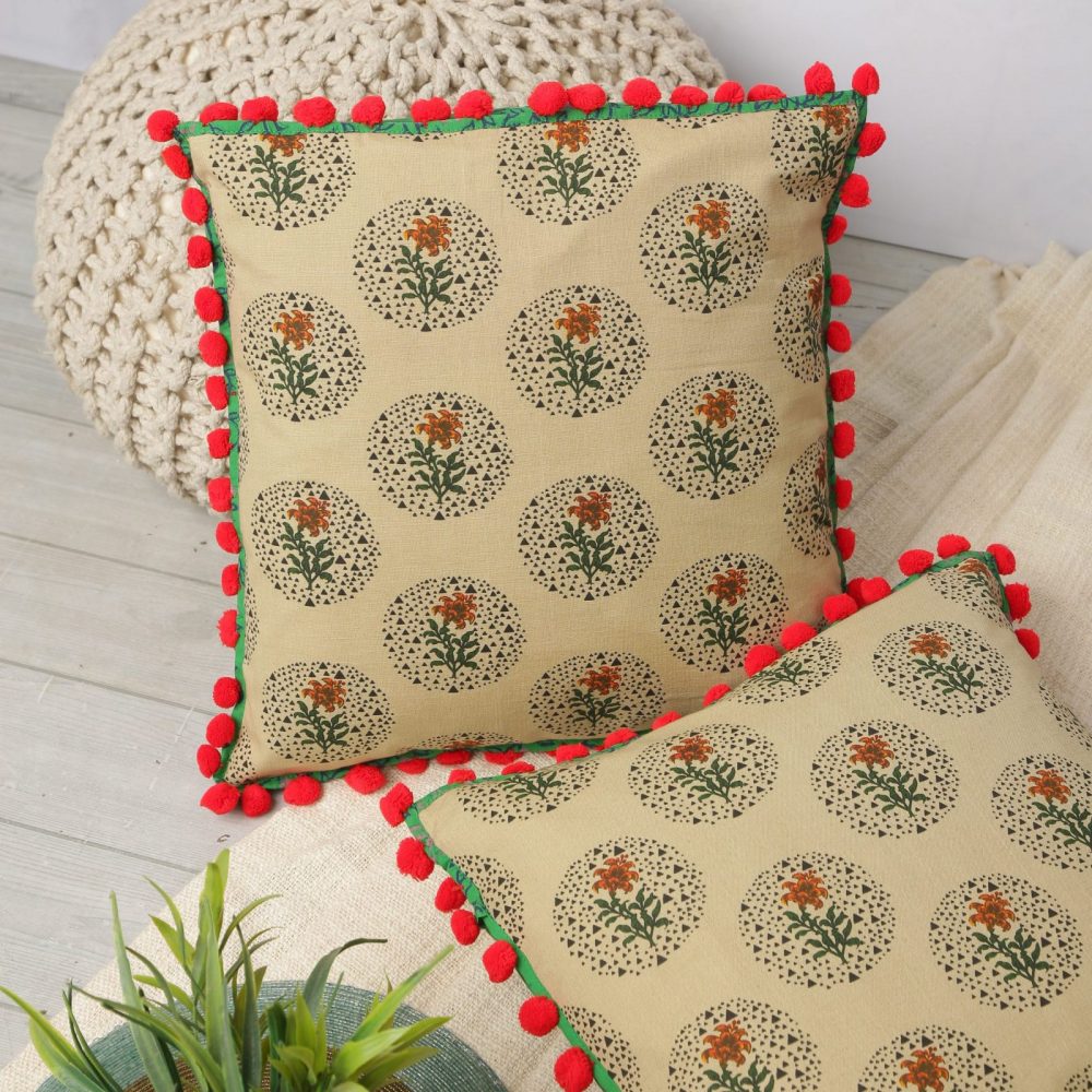 Indha Hand Block-Printed Cushion Cover Flower-Print | 16X16 Cushion Cover Set of 2 | Cotton Cushion Cover | Home Furnishing | Home Decor | Corporate Gifting