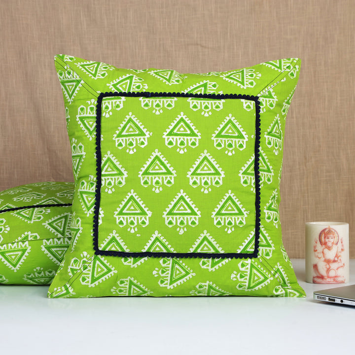 Indha Hand Block Printed Cushion Cover Temple Print | 16x16 Cushion Cover Set of 2 | Green Cotton Cushion Cover | Home Decor | Home Furnishing | Throw Cushion Covers | Corporate Gifting | Block Printed Cushion Cover | Eco-Friendly