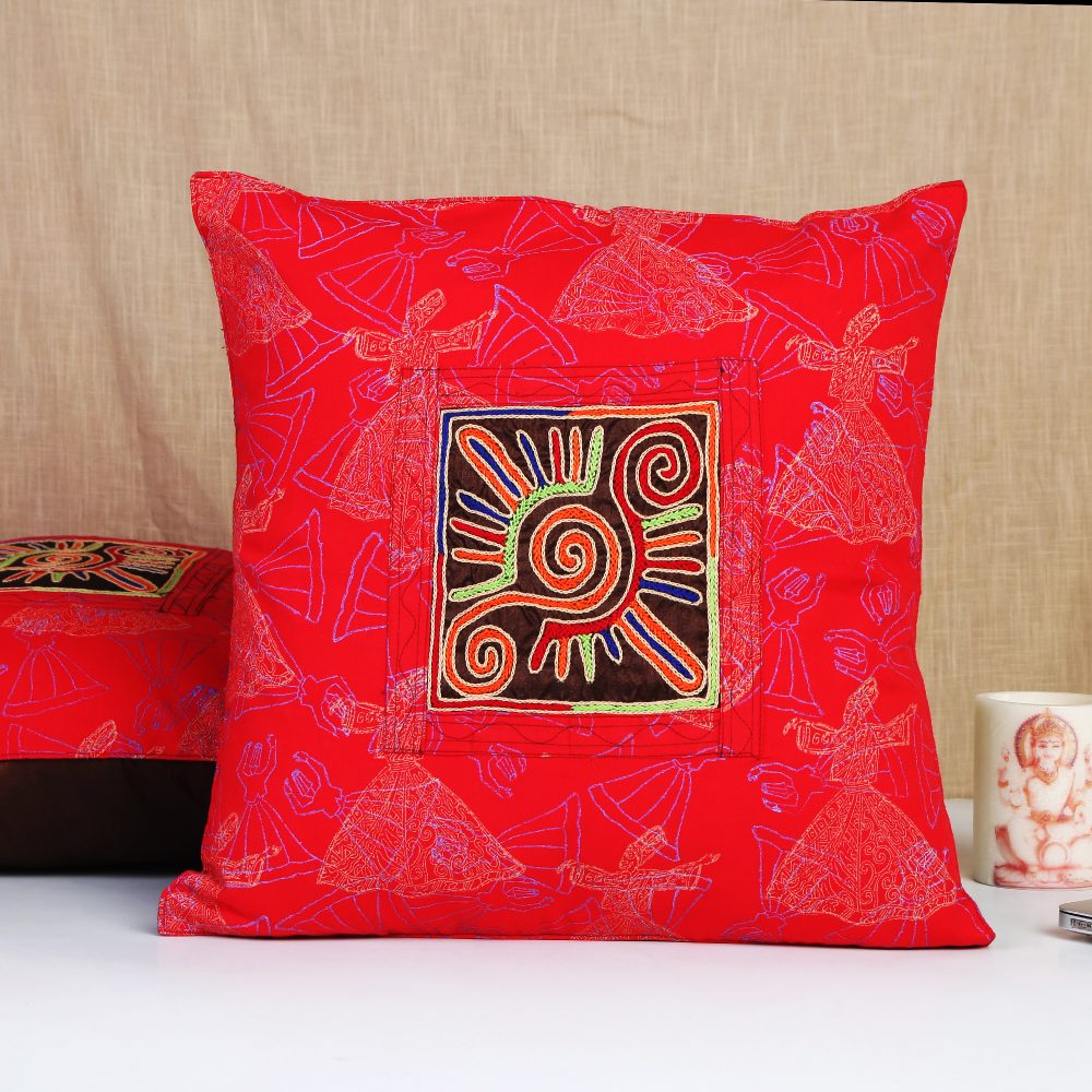 Red Cotton Hand Block Printed Hand of Fatima Embroidery Motif 16" Cushion Covers Set of 2