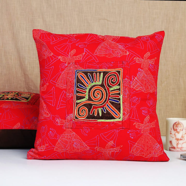 Red Cotton Hand Block Printed Hand of Fatima Embroidery Motif 16" Cushion Covers Set of 2