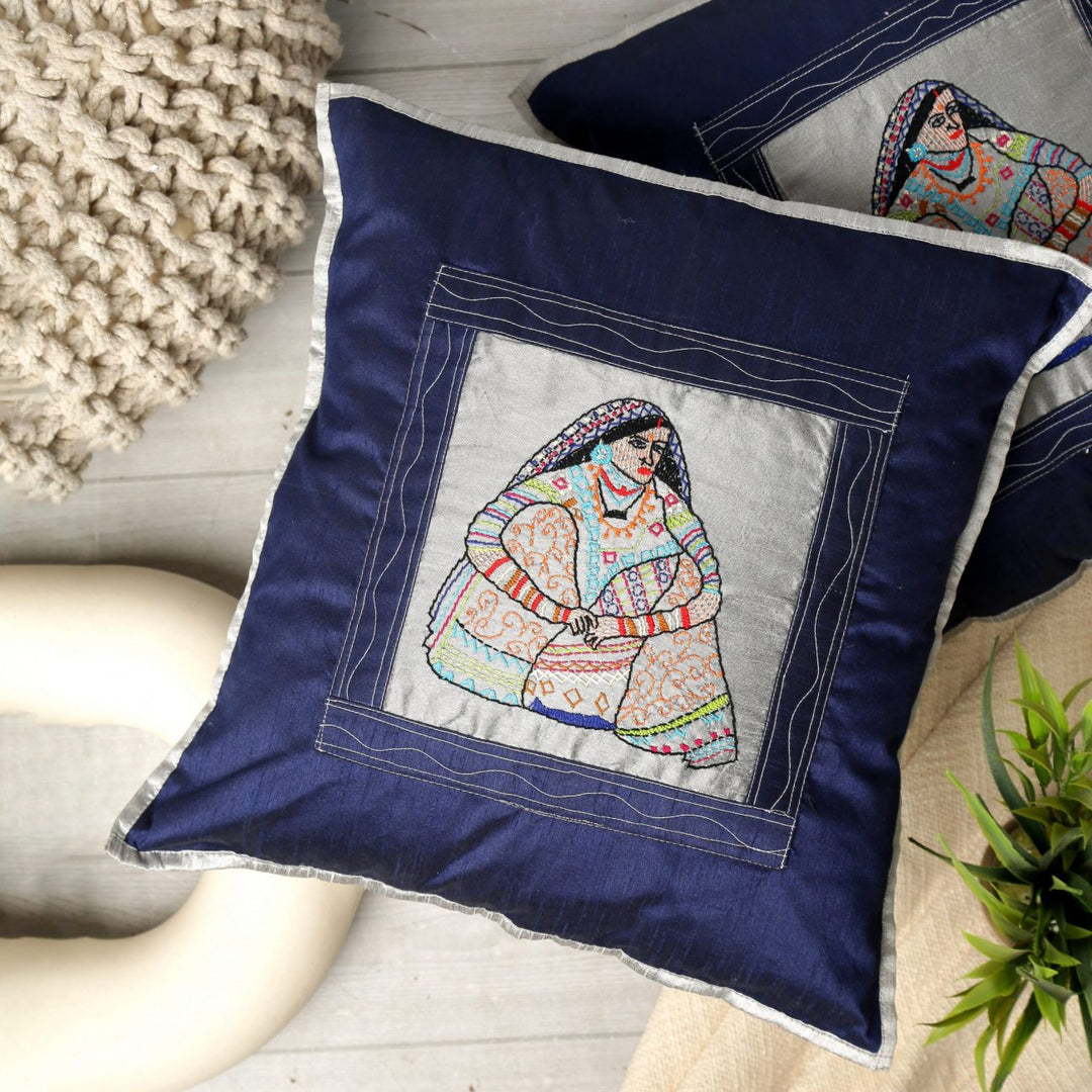Indha Embroidered Cushion Covers Gypsy-Lady Embroidery | 16X16 Cushion Covers Set of 2 | Homer Furnishing | Home Decor | Corporate Gifting