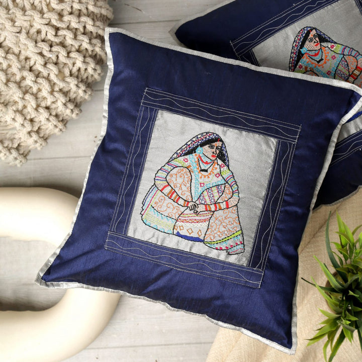 Indha Embroidered Cushion Covers Gypsy-Lady Embroidery | 16X16 Cushion Covers Set of 2 | Homer Furnishing | Home Decor | Corporate Gifting