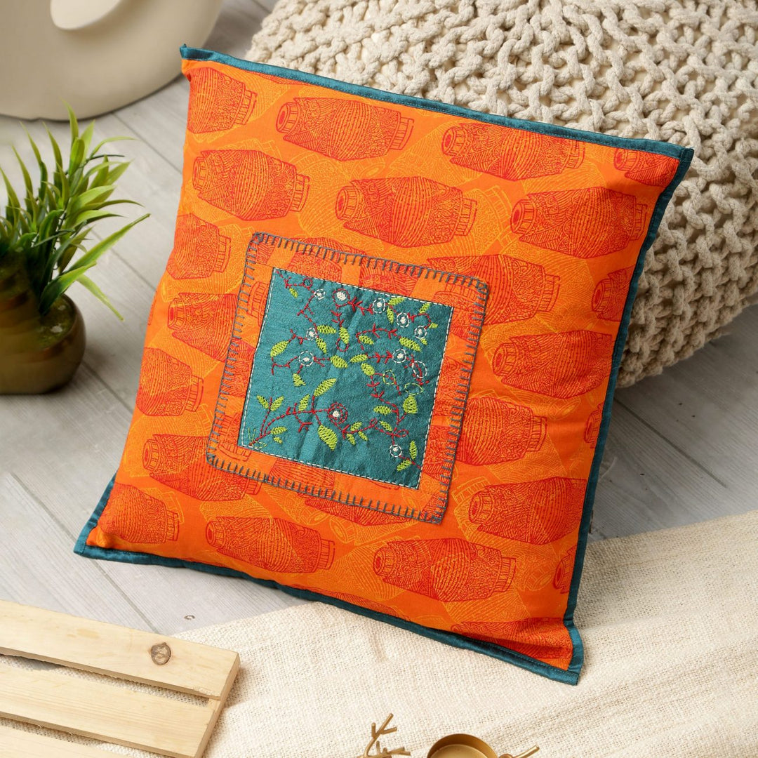 INDHA Cushion Cover Set with Block-printed Mridang Motifs and Leaf embroidery | Orange Colour Cotton Cushion Covers | 16.0X16.0 Inches | Block Printed Cushion Cover | Set of 2