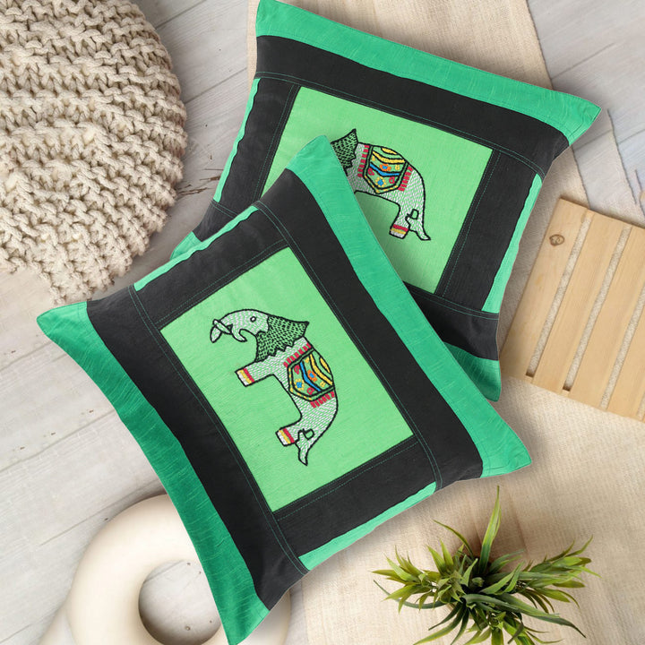 Indha Hand Embroidered Cushion Cover Elephant-Embroidery | Dupion Silk Cushion Cover |  Corporate Gifting | Home Furnishing | Home Improvement | Home Decor | Set of 2,16x16 Inches Cushion Cover