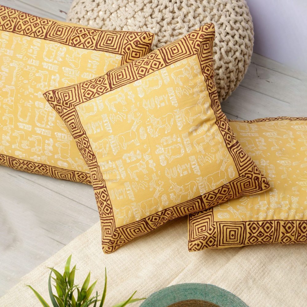 Indha Hand Block Printed Cushion Cover Mohanjo-Daro Print | 16x16 Inches Cushion Covers | Cotton Cushion Cover Set of 2