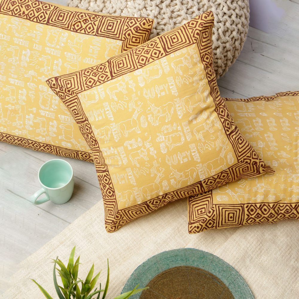 Indha Hand Block Printed Cushion Cover Mohanjo-Daro Print | 16x16 Inches Cushion Covers | Cotton Cushion Cover Set of 2