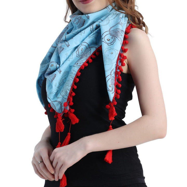 Birds Block-Printed Sky Blue Scarf for Girls & Woman