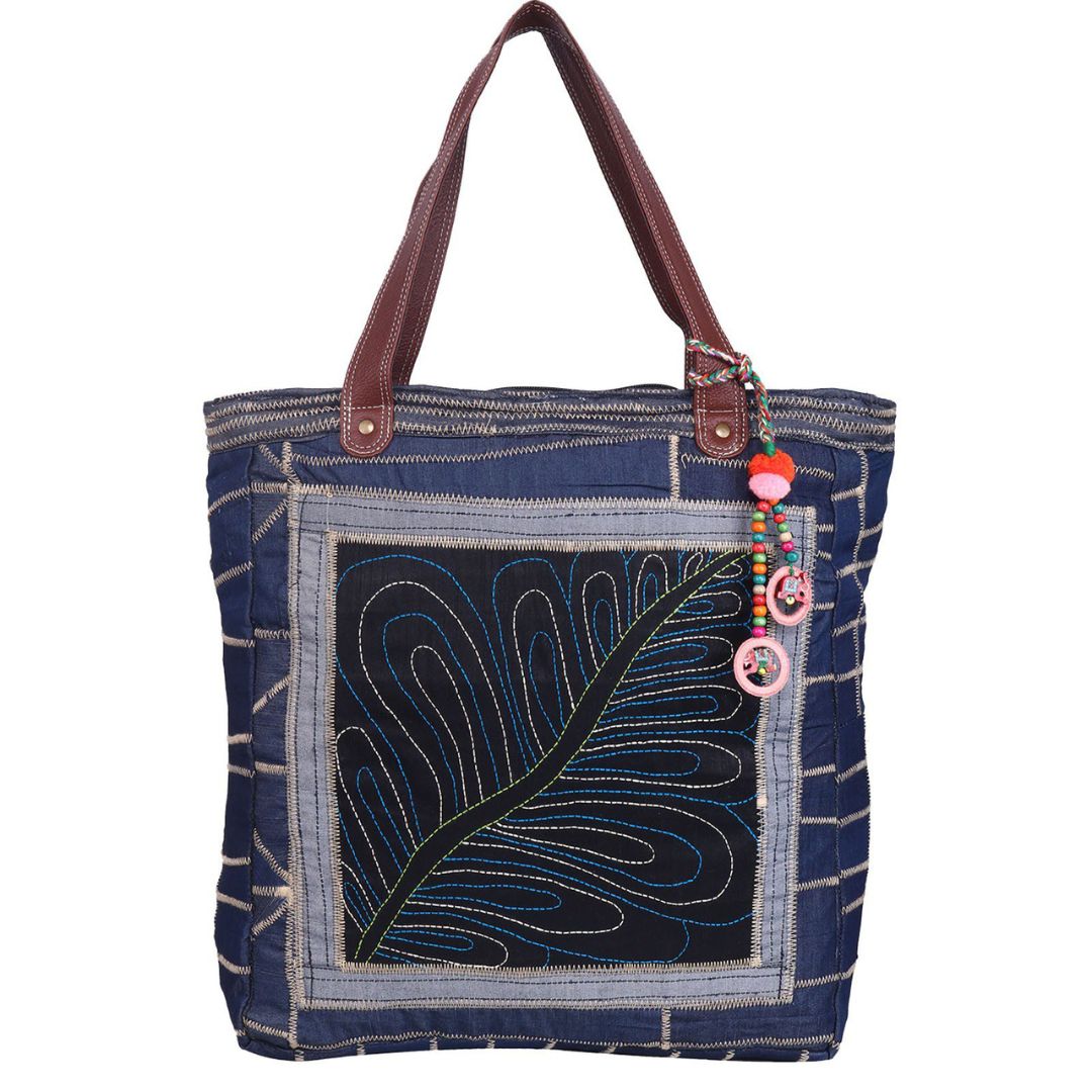 Tote Bag Denim Zig-Zag Leaf Embroidery