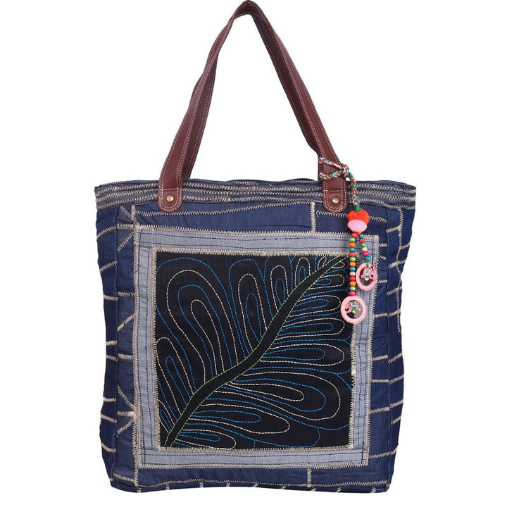 Tote Bag Denim Zig-Zag Leaf Embroidery