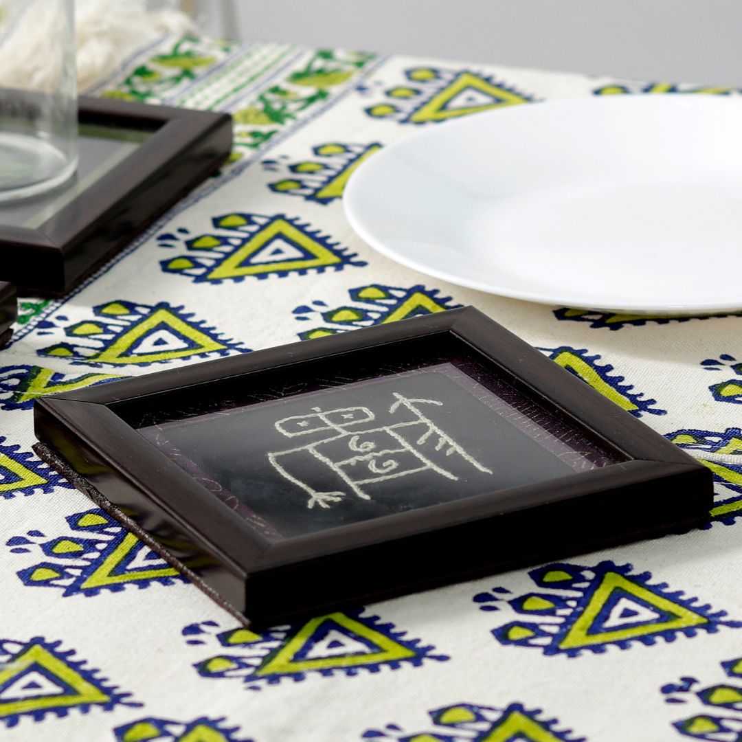 INDHA Glass Coaster With Embroidered Tribal Doodle-Art In Black Wooden Frame set of 2 | Corporate Gifting | Home Utility | Kitchen &amp; Dining