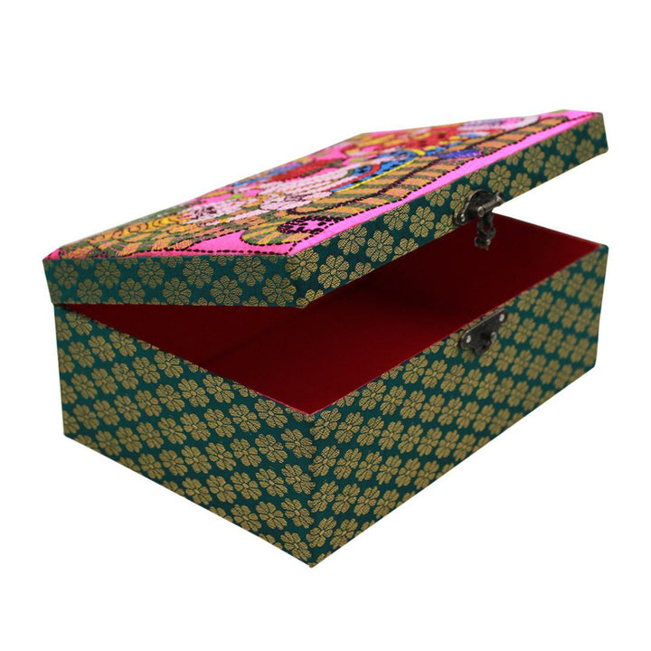 INDHA Brocade Green Colour Hand Embroidered Multiutility Gift Box/ Storage Box/ Jewellery Box/Diwali Gift Box
