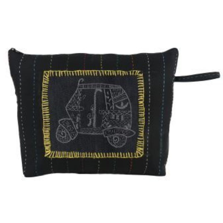 Auto Rickshaw Hand Embroidered Kantha Work Black Utility Pouch | Accessory | Travel Utility | Travel Pouch