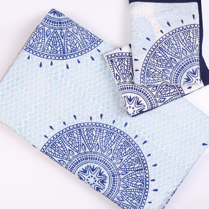 Indha Hand Block Printed Cotton Bed Cover With 2 Pillow Covers | Handmade Bed Sheet | White Bed Cover| 104X84 Inches Bed Cover  | Bed Cover Set | King Size Bed Cover