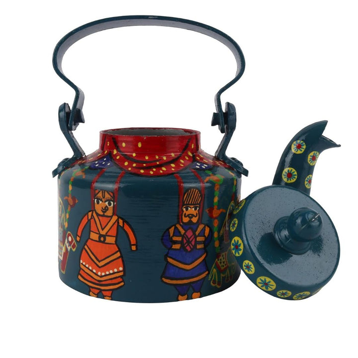 INDHA Handcrafted Rajasthani Puppet Kettle | Teal Green Decorative Aluminum Kettle 1L | Hand-Painted Art for Home, Café, Table Décor | Eco-Friendly Gift Made in India