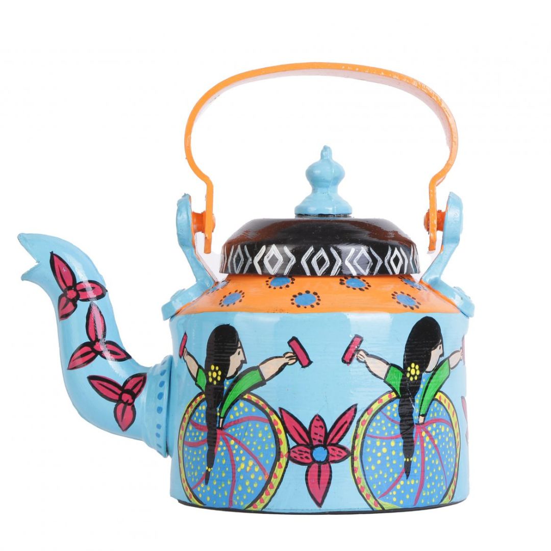 INDHA Tribal art Aluminium Handpainted Table top Tea Kettle