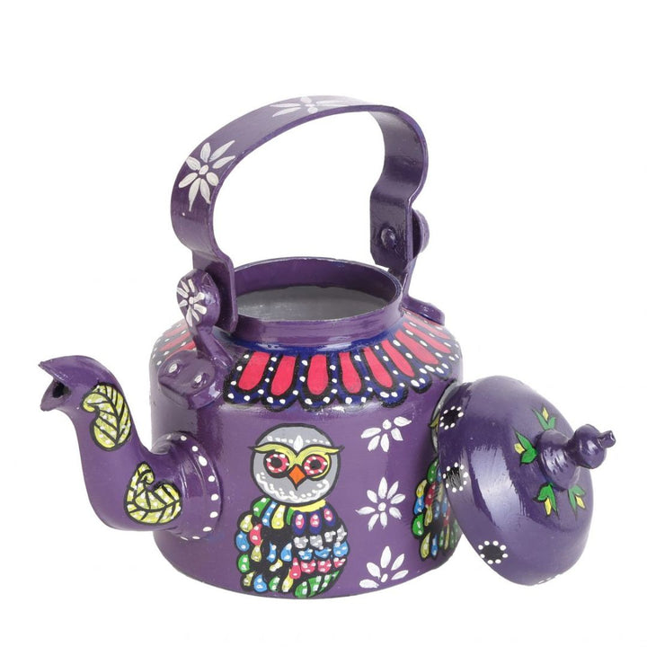 INDHA Hand Painted Owl Motif Decorative Purple Kettle | Home Décor