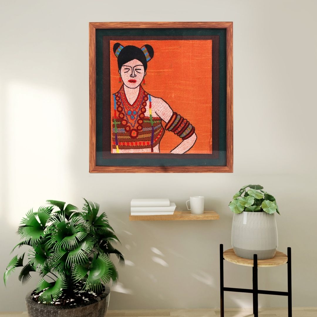 INDHA Hand Embroidered Tribal Women Wooden Wall Decor