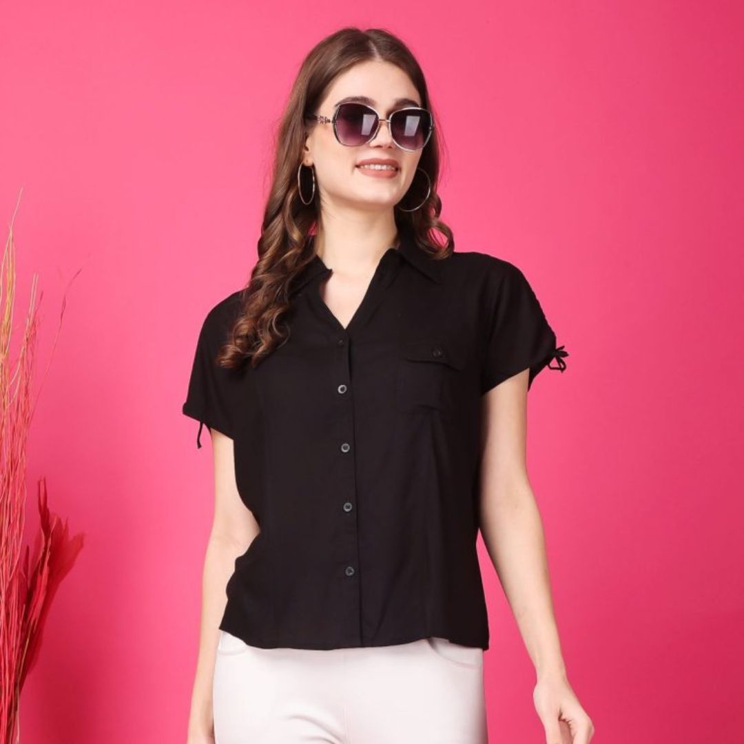 Indha Black Rayon Casual Shirt Collar 1/4th Sleeves Formal Wear Shirt For Women's-XL