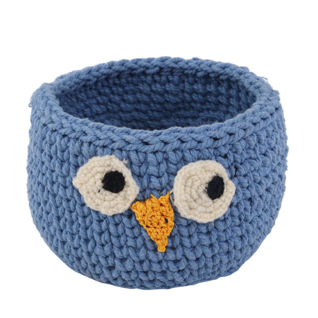 Indha Handcrafted Basket | Hand Knitted Basket | Cotton Rope Basket | Blue Cotton Basket | Owl Design Basket | Eco-Friendly | Storage Basket | Multi Purpose Basket |