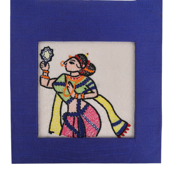 Indha Wall Hanging – Embroidered Lady Holding a Mirror | Real Mirror Accent | Handcrafted on Repurposed Wood | Reflective &amp; Regal Decor