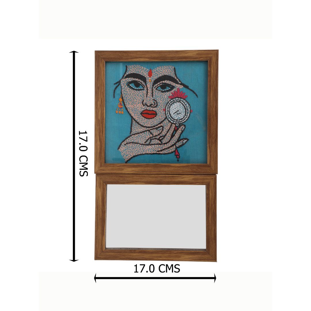 Indha Lady Face Embroidered Wall Art with Mirror | Handcrafted in Repurposed Wood | Exquisite Needlework | Sustainable Home Accent | Unique Gift for Her