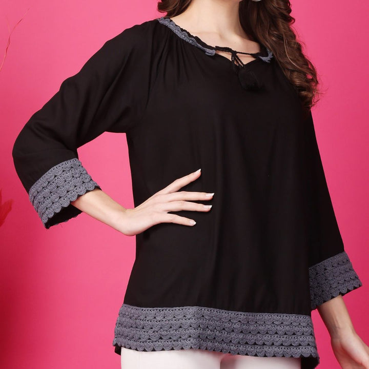 Indha Black Top With Tie-Up Neckline | Women's Black Top | Round Neck Rayon Top | Three Quarter Sleeves Top -XL