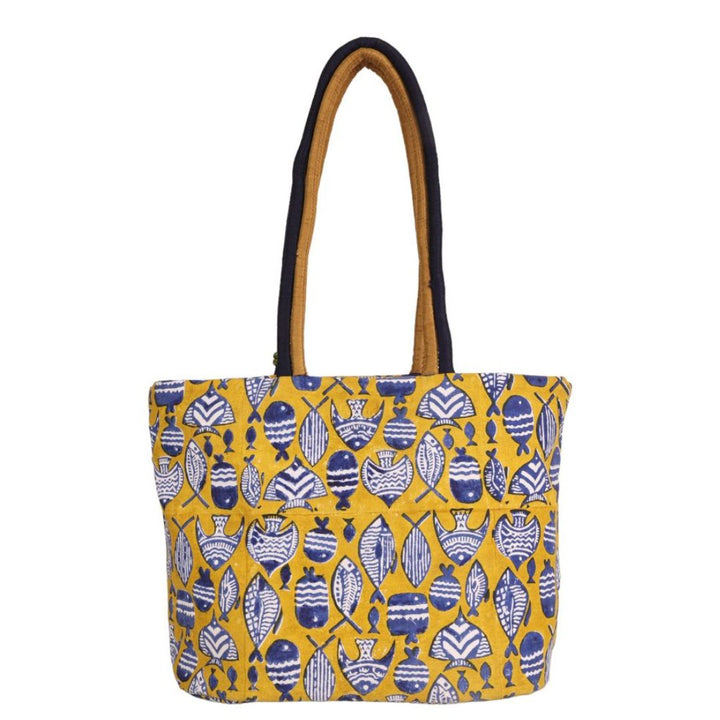 Indha Hand Block Printed Cotton Shoulder Bag | Yellow Fish Motif Handbag For women