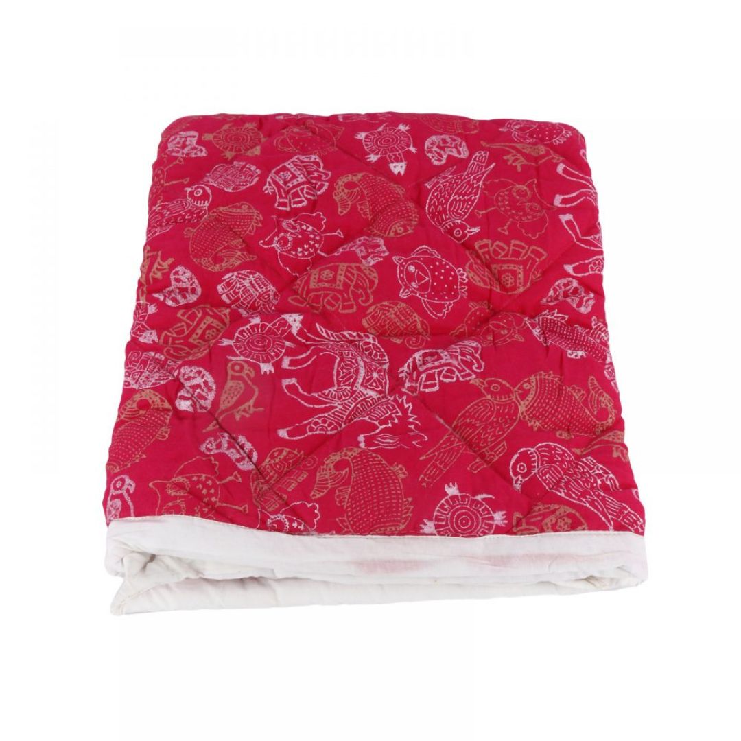 INDHA Pink Colour Animal Hand Block Printed Cotton Comforter for Kids/Baby Comforter