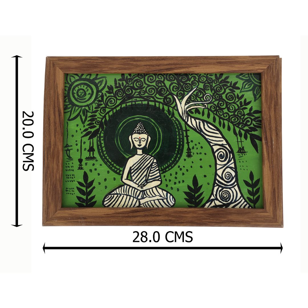 Indha Hand-Painted Buddha Wall Art | Meditating Under Tree | Upcycled Tablet with Reclaimed Wood Frame &amp; Vegan Leather Back | Eco-Friendly Spiritual Decor