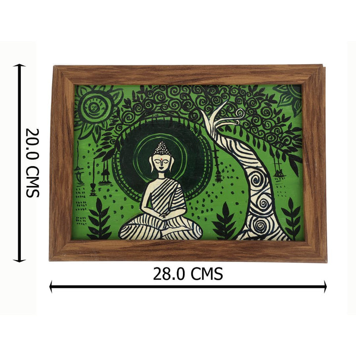 Indha Hand-Painted Buddha Wall Art | Meditating Under Tree | Upcycled Tablet with Reclaimed Wood Frame &amp; Vegan Leather Back | Eco-Friendly Spiritual Decor