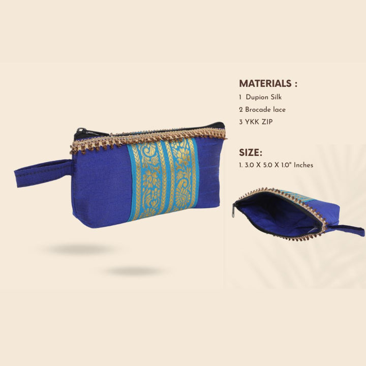 Indha Blue Dupion Silk Utility Pouch with Golden Brocade | Handcrafted Multipurpose Zipper Pouch | Elegant Eco-Friendly Gifting Option