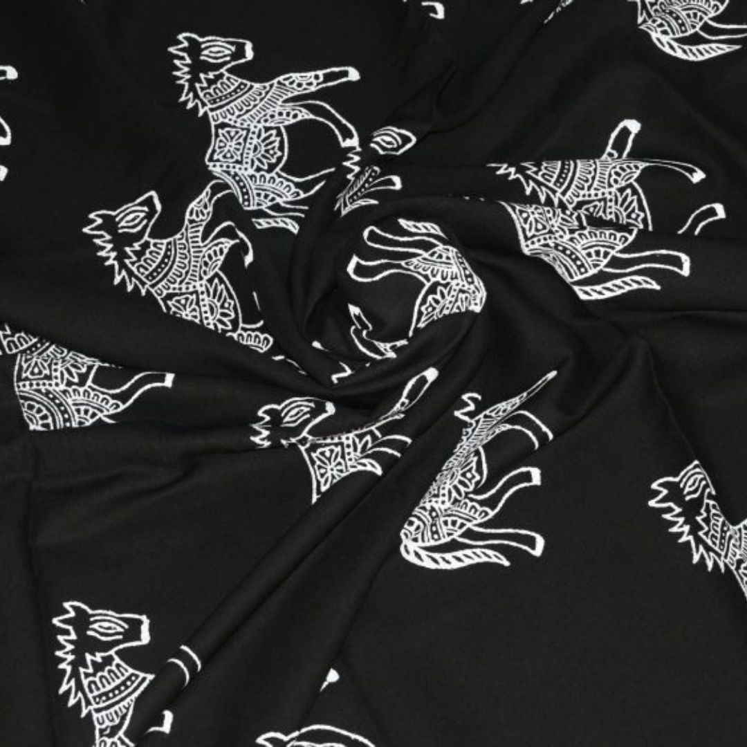 INDHA Hand Block-Printed Jaipuri Cotton Fabric Black Horse Design Motif | Hand Block Printed Fabric | Home Utility | Fashion Utility | Gifting | Gifts For Him | Gifts For Her | Home Furnishing | 3 Meter X 42-44 Wide