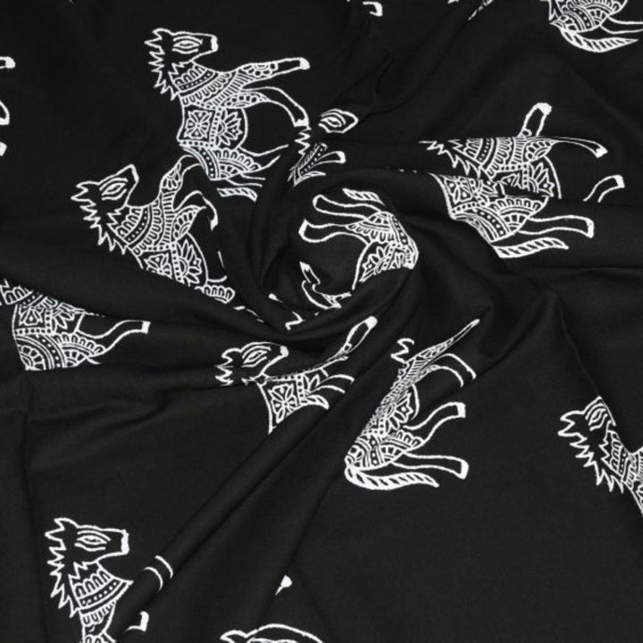 INDHA Hand Block-Printed Jaipuri Cotton Fabric Black Horse Design Motif | Hand Block Printed Fabric | Home Utility | Fashion Utility | Gifting | Gifts For Him | Gifts For Her | Home Furnishing | 3 Meter X 42-44 Wide