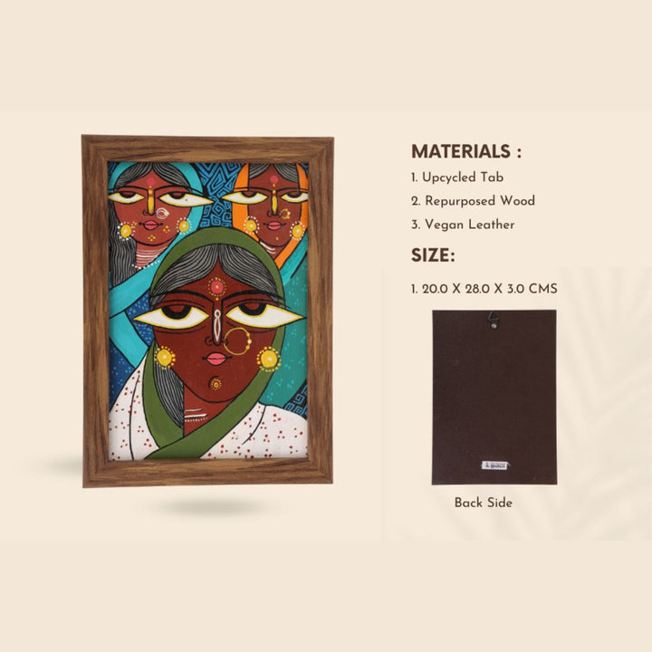 Indha Hand-Painted Abstract Wall Art | Made from Repurposed Tablet &amp; Wood | Sustainable &amp; Framed | Unique Corporate Gift| Three Women Art Acrylic Colours