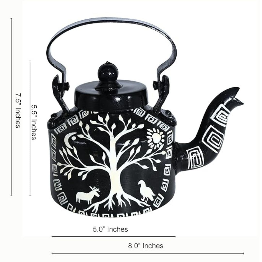 INDHA Hand-Painted Black Aluminum Kettle Tree, Bird & Animal Folk Design 1L | Decorative & Functional | Eco-Friendly Handmade Gift | Indian Tribal Art Home Décor