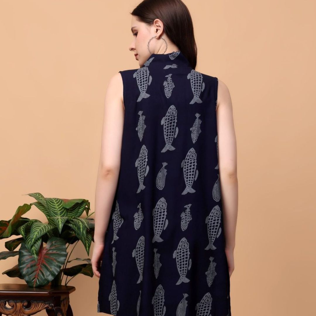 Indha Hand Block Printed Blue Shrug Jacket for Girls | Open Front Shrug For Girls | Fish Motifs Print Blue Short Jacket &amp; Boleros For Girls