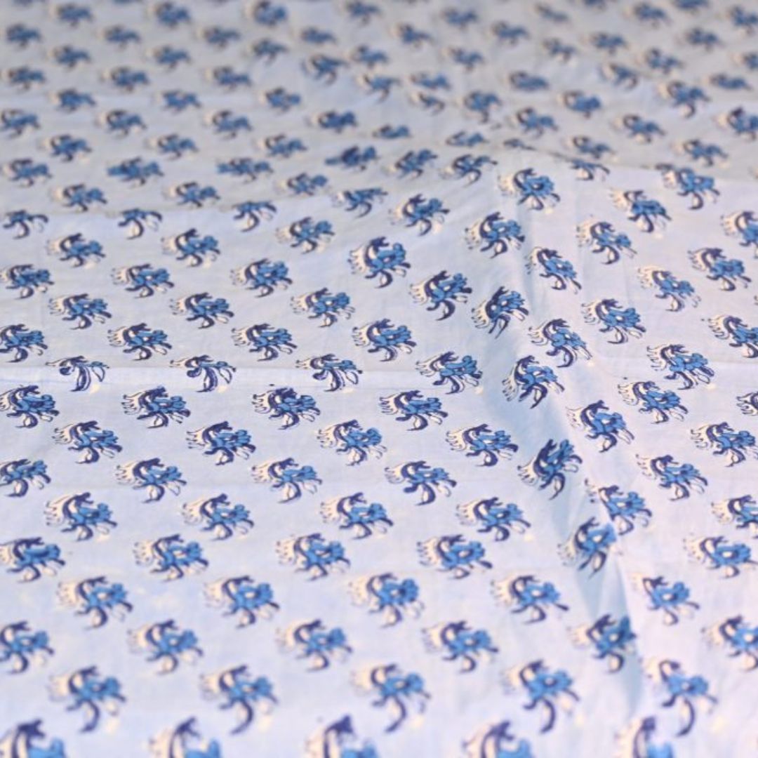 INDHA Hand Block-Printed Cotton Fabric | Blue And White Floral Design Motif Sky Blue Cotton Fabric | Hand Block Printed Fabric | Home Utility | Fashion Utility | Gifting | Gifts For Him | Gifts For Her | Home Furnishing | Jaipuri Block Print Fabric