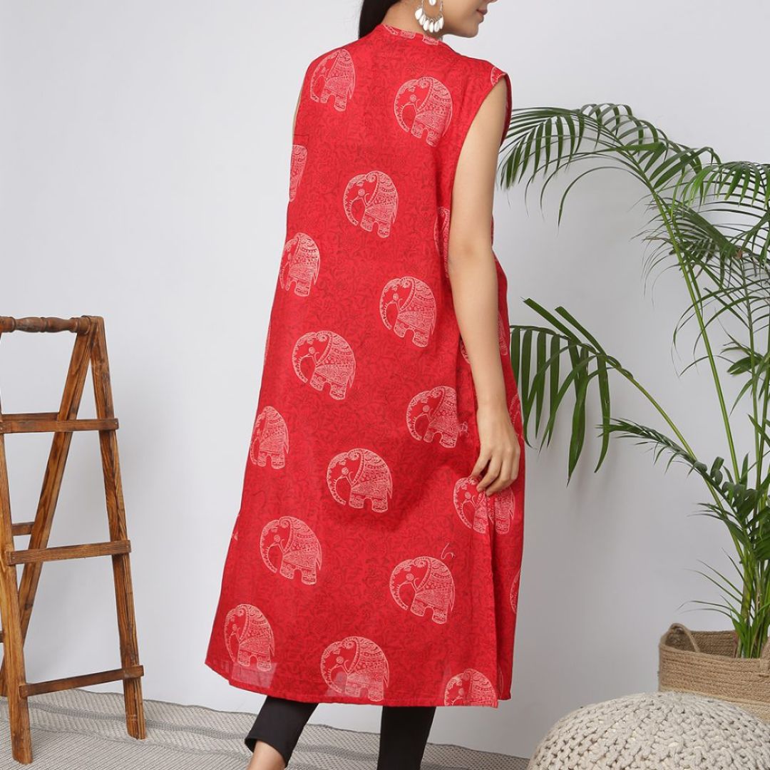Indha Elephant Design Block Printed Red Shrug