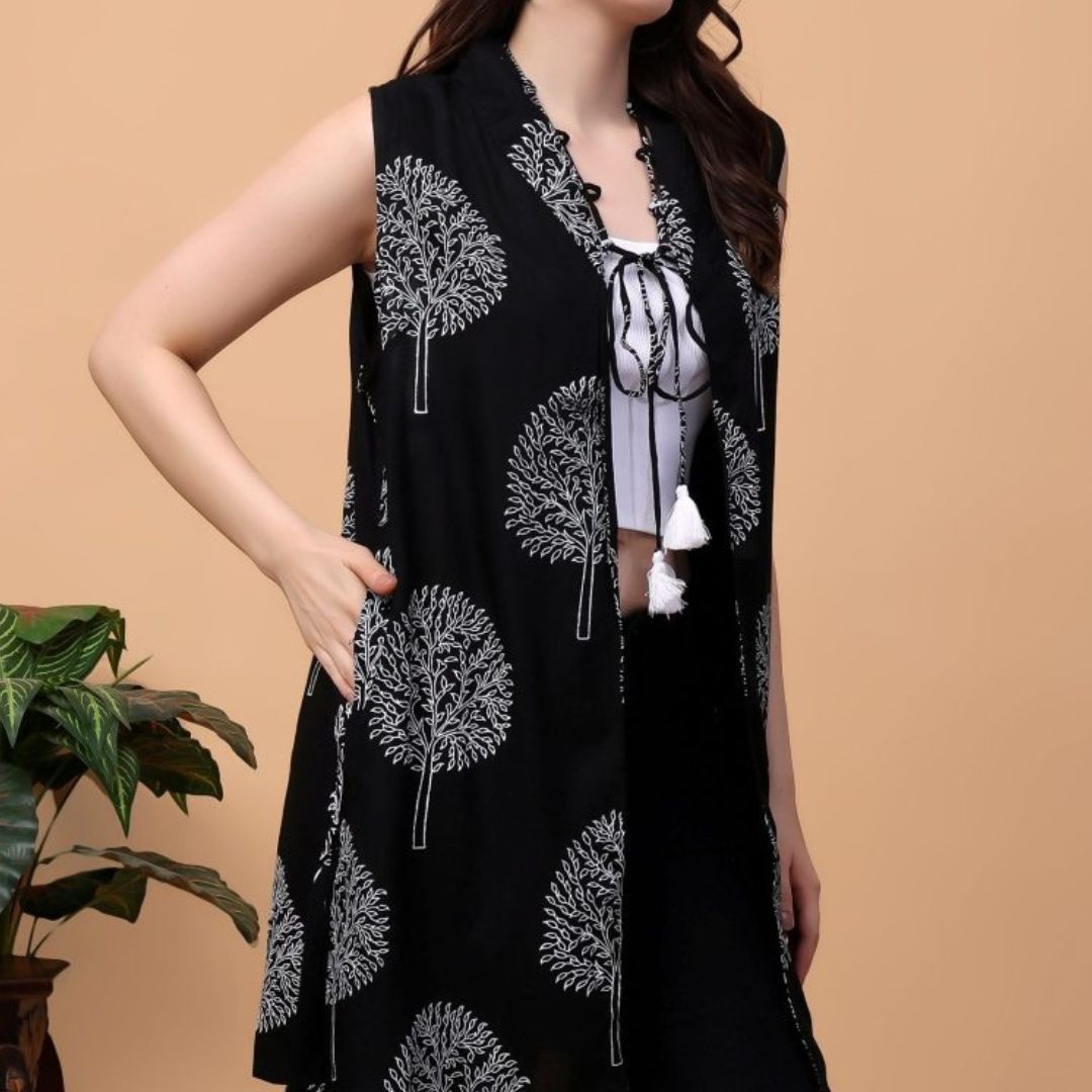 Indha Hand Block Printed Black Shrug Jacket for Girls | Open Front Shrug For Girls | Black Tree Motif Print Short Jacket For Girls