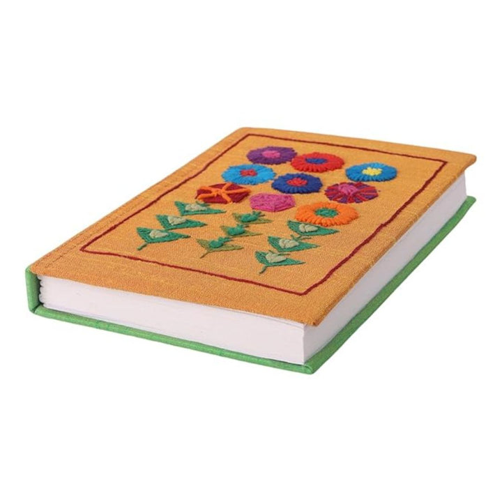 INDHA Handcrafted Recycle Paper diary | Eco Friendly Diary | Gifting | Sustainable Corporate Gifting| Handmade Diary | Abstract Embroidery Diary| Orange-Green Silk Fabric|Hand Embroidered