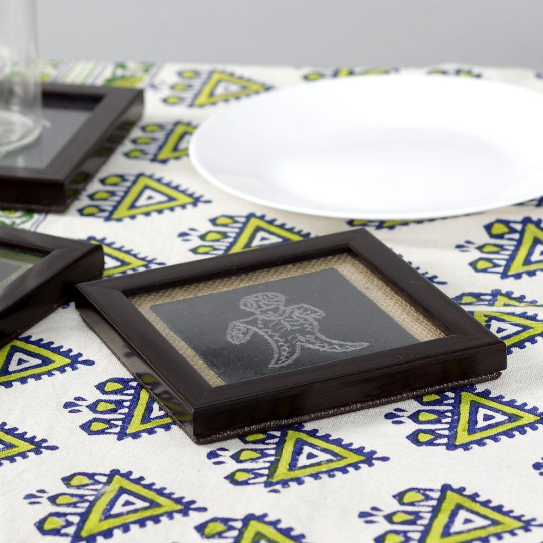 INDHA Glass Coaster With Abstract Art Design Along With Jute Border &amp; Wooden Frame Incased | Set of 2