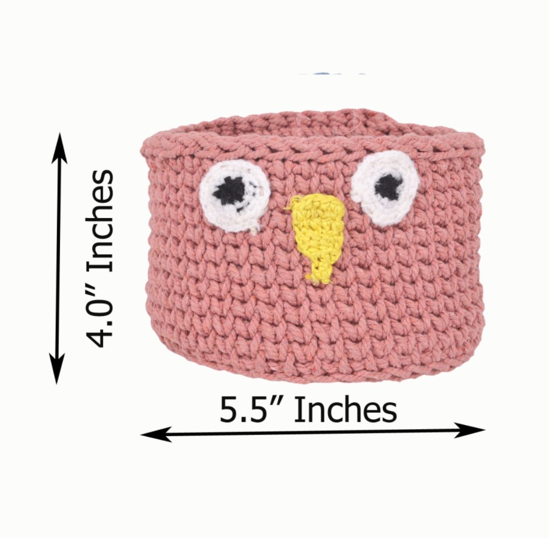 Indha Handcrafted Basket | Hand Knitted Basket | Cotton Rope Basket | Peach Cotton Basket | Owl Design Basket