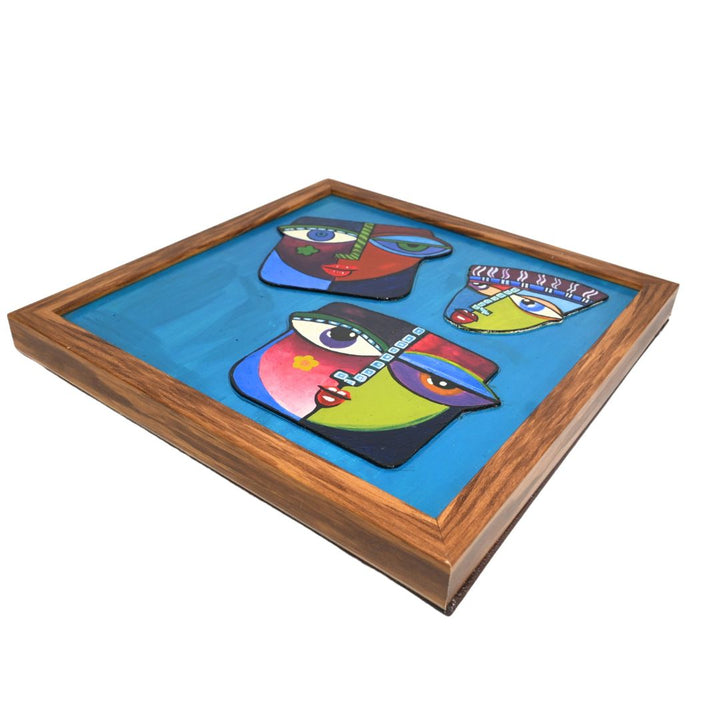 Indha Hand painted Abstract Faces Wall Art | Multicolour Décor with Repurposed Wood Frame &amp; Vegan Leather Back | Artistic Wall Accent Wood Applique