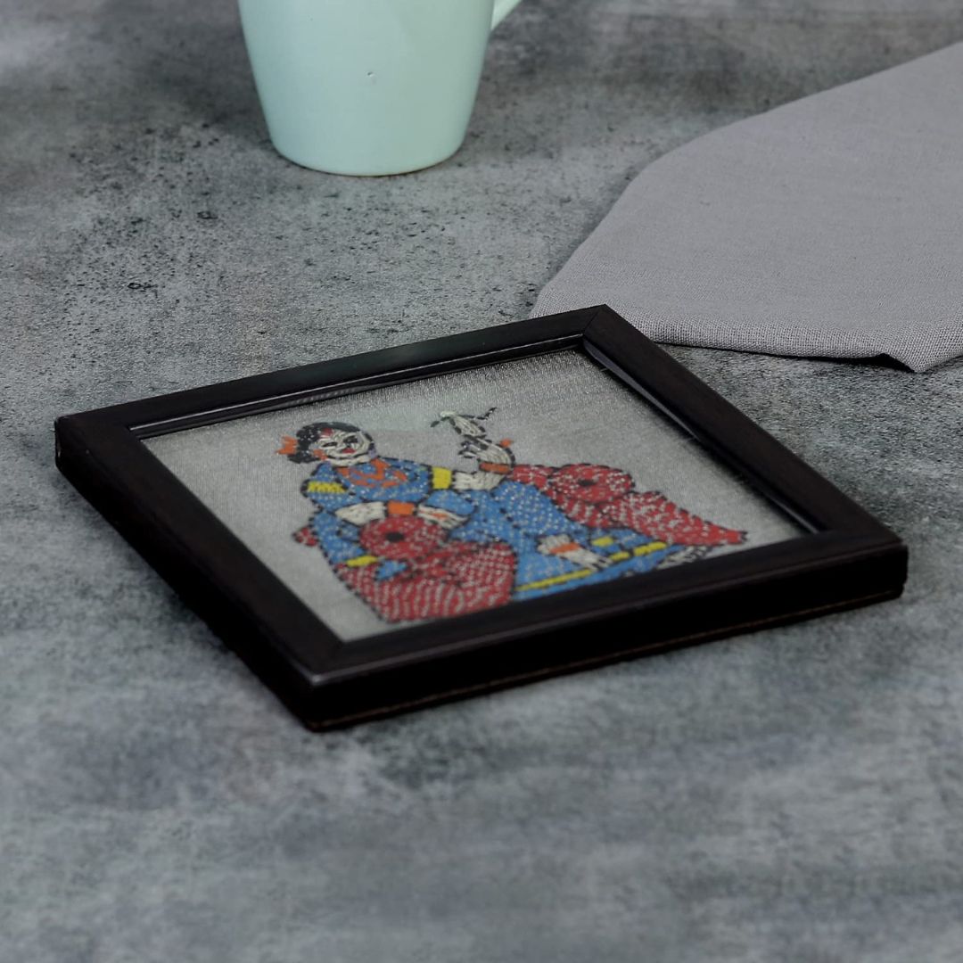 INDHA Coaster Set of 2 with Hand-embroidered Royal Meenakumari Motif | Wooden Glass | Exquisite Design | Gift Piece | Home Décor