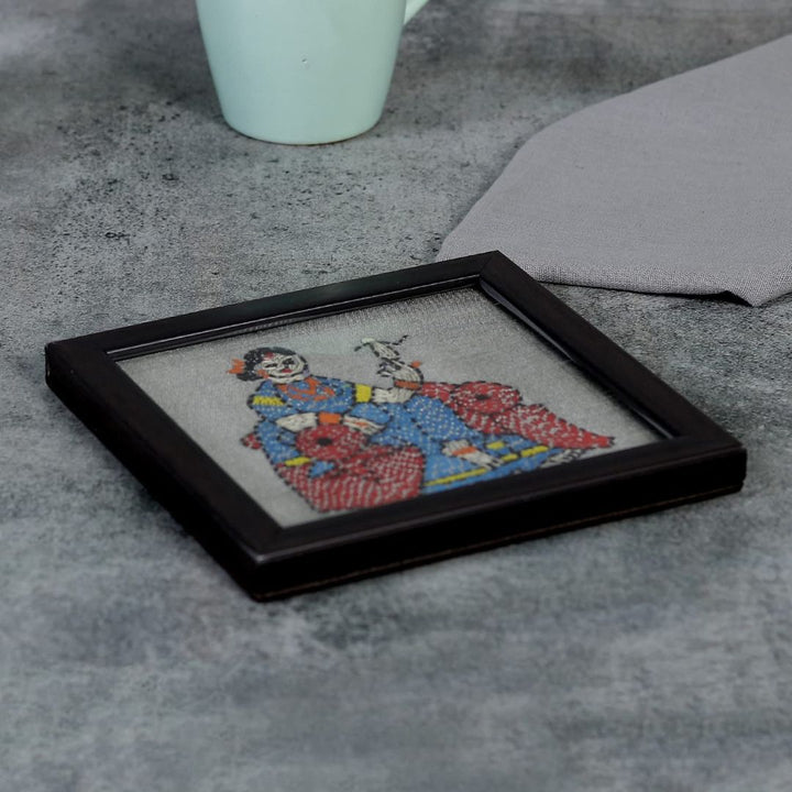 INDHA Coaster Set of 2 with Hand-embroidered Royal Meenakumari Motif | Wooden Glass | Exquisite Design | Gift Piece | Home Décor